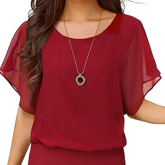 Tops - New Women's Summer Chiffon Blouse - Red, Large